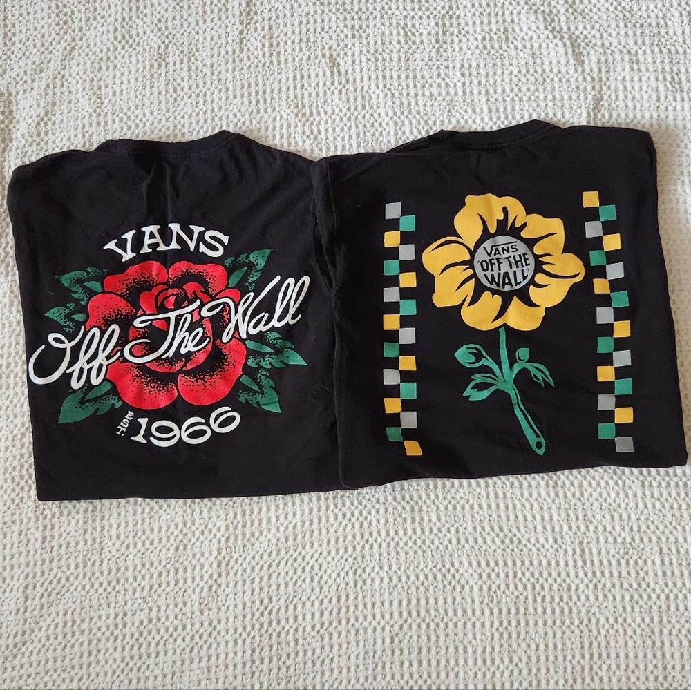 Vans Black Tees with Red and Yellow Floral Designs